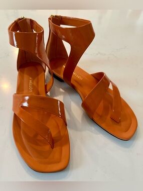 Tamara Mellon Stride Patent Orange Ankle-Strap Sandals Size 38